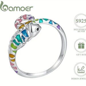 925 Sterling Silver Chameleon Lizard Cuff Ring Metallic Enamel Adjustable NWT